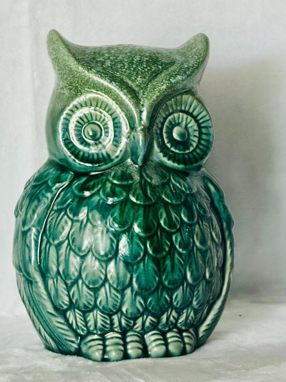 Green Glazed 9" Pottery Owl Figurine Ceramic Forest Bird Statue Garden Accent